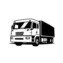 Black and white vector illustration of a cargo truck. Perfect for transportation, logistics, and delivery businesses. Ideal for websites, logos, and marketing materials.