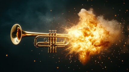 A captivating trumpet is illustrated with vibrant bursts of light and color, emphasizing the energy of music and creativity in an emotional and dynamic setting.