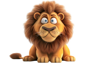 Cute cartoon lion with fluffy mane sitting and looking forward with friendly expression