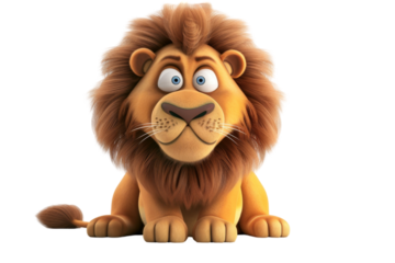 Cute cartoon lion with fluffy mane sitting and looking forward with friendly expression