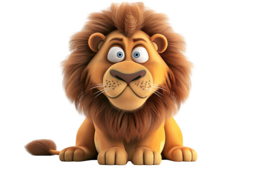 Cute cartoon lion with fluffy mane sitting and looking forward with friendly expression