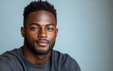 Obraz premium A man with a shaved head and a beard is wearing a gray shirt