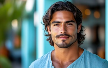 Fototapeta premium A man with a beard and long hair is smiling for the camera