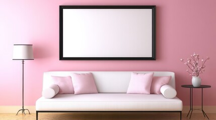 Sleek black rectangular frame on a pastel pink wall, adding a modern touch to a feminine room design.