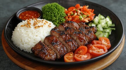 Halal food served at Islamic-themed restaurants. Delicious grilled steak with rice and fresh vegetables on a platter.