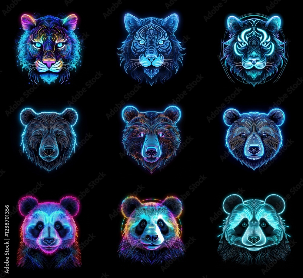 Poster nine vibrant animal portraits: tigers and pandas, rendered in a neon, wireframe style against a blac