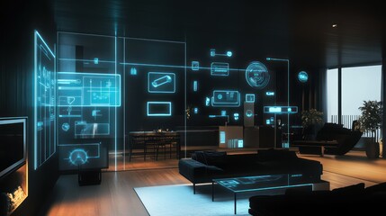 Smart home with an open-plan layout, eco-friendly materials, and glowing icons integrated into the furniture and walls for an immersive tech experience.