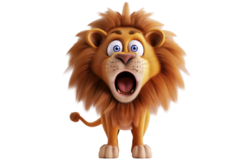 Cartoon lion roaring with surprise and big eyes showcasing expressive animated character