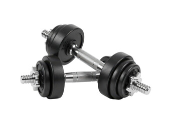 Fototapeta premium A pair of black gym dumbbells with visible weight markings, resting on a white surface, isolated on a white background