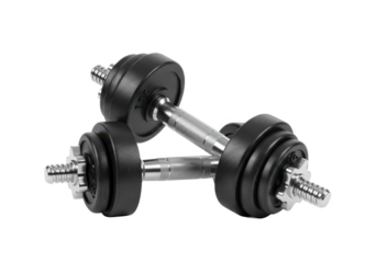 A pair of black gym dumbbells with visible weight markings, resting on a white surface, isolated on a white background
