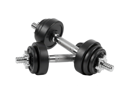 A pair of black gym dumbbells with visible weight markings, resting on a white surface, isolated on a white background