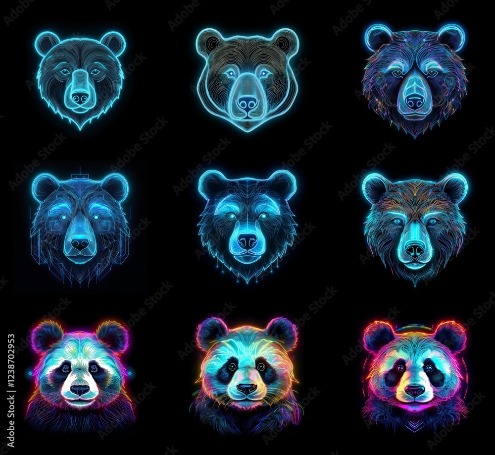 Poster nine vibrant, glowing bear and panda heads, rendered in a digital, pointillist style against a black