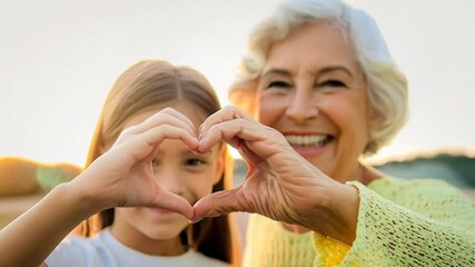 Affectionate grandmother and granddaughter making heart gesture together, looking at camera with smiles, celebrating family love and connection