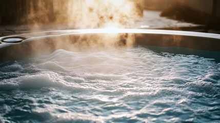 Steamy outdoor hot tub with bubbling water at sunset light reflecting on warm surface for ultimate relaxation and spa hydrotherapy moment