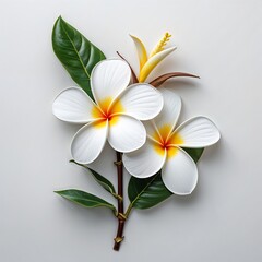 Fototapeta premium Plumeria flower white and yellow on plain white background