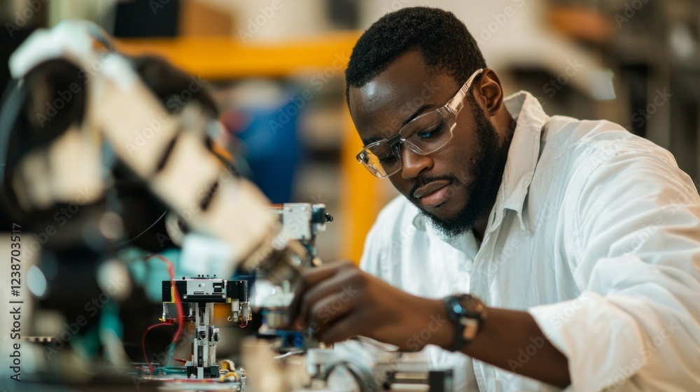 Poster An engineer meticulously works on a robotics system, adjusting components with precision in a well-lit laboratory. The atmosphere is filled with innovation and creativity