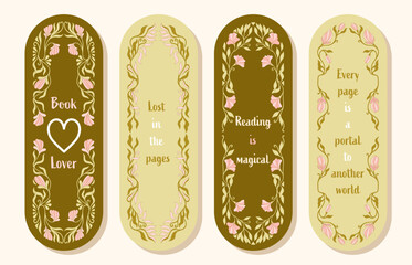 Floral Vintage Bookmarks. Set of paper bookmark templates for book lovers. Vertical postcards. Vector.