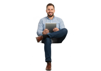 A cheerful man sitting in a modern wooden and grey fabric armchair, holding a tablet, dressed in smart casual attire, isolated on a white background