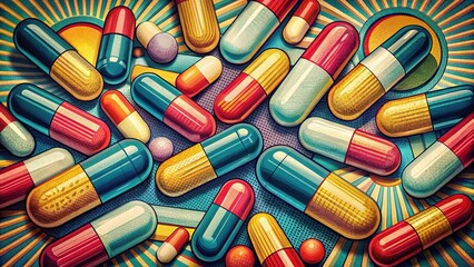 Art Deco pill illustrations.  Vintage cartoon pain relievers.