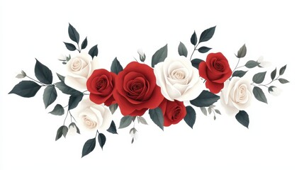 Fototapeta premium Vector illustration showcasing a beautiful arrangement of red and white roses with lush green leaves, perfect for floral designs and decoration projects