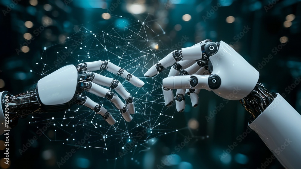 Fototapete two robotic hands extend towards each other, poised for connection, amidst a vibrant backdrop of swi