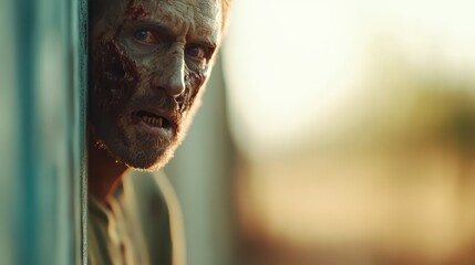 Fototapeta premium A lifelike depiction of a zombie materializing from the shadows during twilight, highlighting its decay and eerie characteristics within a forsaken landscape