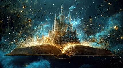 enchanted pop-up book with crystalline castle emerging from gilded pages, surrounded by magical particles and fantasy elements
