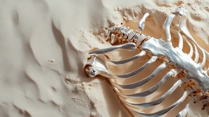 Chrome skeleton partially buried in desert sand. Surreal metallic human skull and ribcage symbolize time, decay, and sci-fi theme.