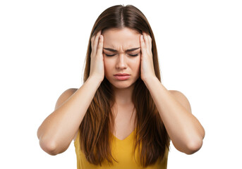 Fototapeta premium Young woman with long brown hair, holding her head with both hands, appearing stressed or in pain, wearing a sleeveless yellow top, isolated on white background