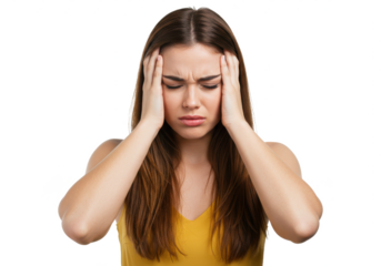 Young woman with long brown hair, holding her head with both hands, appearing stressed or in pain, wearing a sleeveless yellow top, isolated on white background
