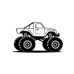 Mighty Monster Truck: A Black and White Vector Illustration of an Off-Road Goliah.  Perfect for automotive, transport, and graphic design projects.