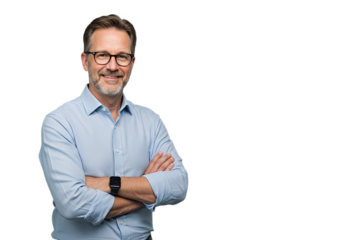Portrait of happy fashionable handsome man in jeans shirt and glasses crossing hands and smiling, isolated