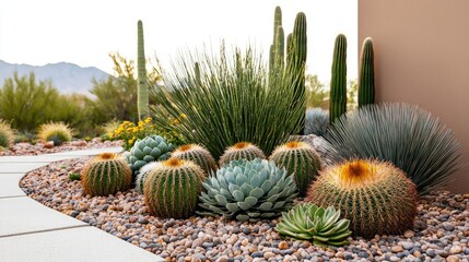 Extreme weather climate change idea. Vibrant cactus garden showcasing various succulent plants and decorative stones.
