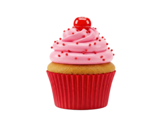 A vanilla cupcake in a red wrapper, topped with pink frosting, red sprinkles, and a glossy cherry