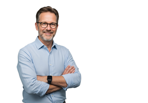 Portrait of happy fashionable handsome man in jeans shirt and glasses crossing hands and smiling, isolated