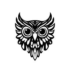 Majestic Owl: Black and White Vector Illustration.  A striking graphic design featuring an owl's detailed head and wings, perfect for logos, prints, or tattoos.