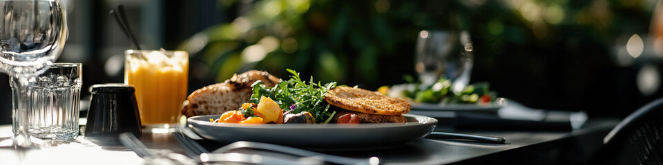 Outdoor Cafe Meal: Grilled Patty, Roasted Vegetables, and Arugula