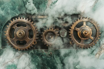 Steampunk-style image featuring three interconnected gears, emitting steam, set against a dark green marble background.