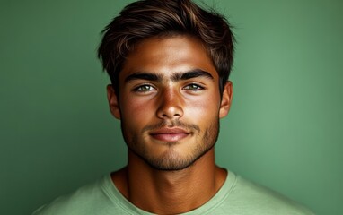 Obraz premium A man with a green shirt and brown hair is smiling