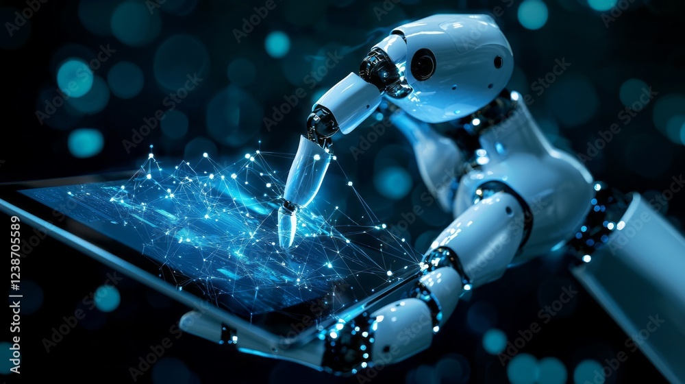 Poster A robotic hand elegantly interacts with a glowing digital interface, creating intricate patterns of light against a dark backdrop