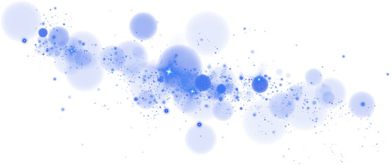 Glowing blue bokeh circles. Christmas background. Powder. Magic shining blue dust. Fine, shiny dust bokeh particles fall off slightly. Fantastic shimmer effect. PNG.