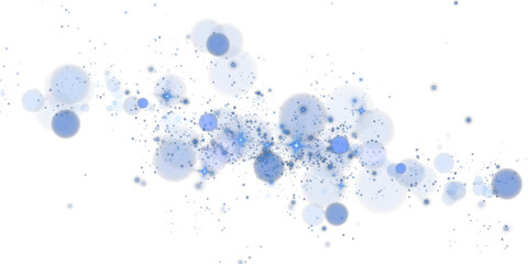 Glowing blue bokeh circles. Christmas background. Powder. Magic shining blue dust. Fine, shiny dust bokeh particles fall off slightly. Fantastic shimmer effect. PNG.