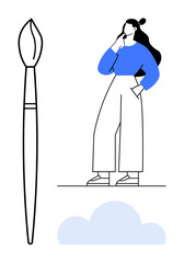 Woman in casual outfit thoughtfully stands with hand on chin. Large paintbrush and cloud beneath. Ideal for creativity, inspiration, thinking, imagination, design, art contemplation. Minimalist