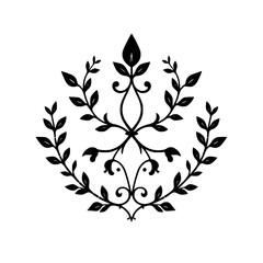 Elegant Black and White Floral Design: Vintage Symmetrical Leaves Pattern, Classic Ornamental Illustration, Decorative Flourish Swirl Branch