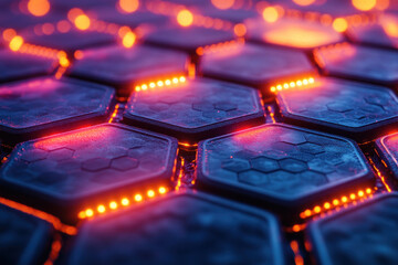 Obraz premium a futuristic surface made up of hexagonal tiles with a texture reminiscent of metal or composite material. 