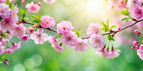 Fototapeta premium Delicate Pink Blossoms on a Branch, Illuminated by Sunlight, Springtime Nature Scene