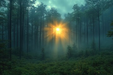 Naklejka premium Sun rays shining through misty trees in a dark forest, for nature/fantasy use