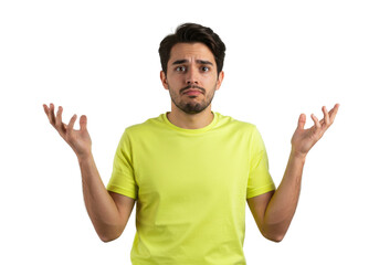 Man in a yellow shirt with arms raised in a confused gesture, isolated on white background