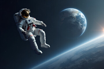 Floating Astronaut Gazing with Awe Mood at Vibrant Earth from Space