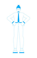 Stylish businessman with top knot hairstyle 2D outline cartoon character. Career successful caucasian guy hands on hips isolated person flat vector on white background. Spot illustration colorful